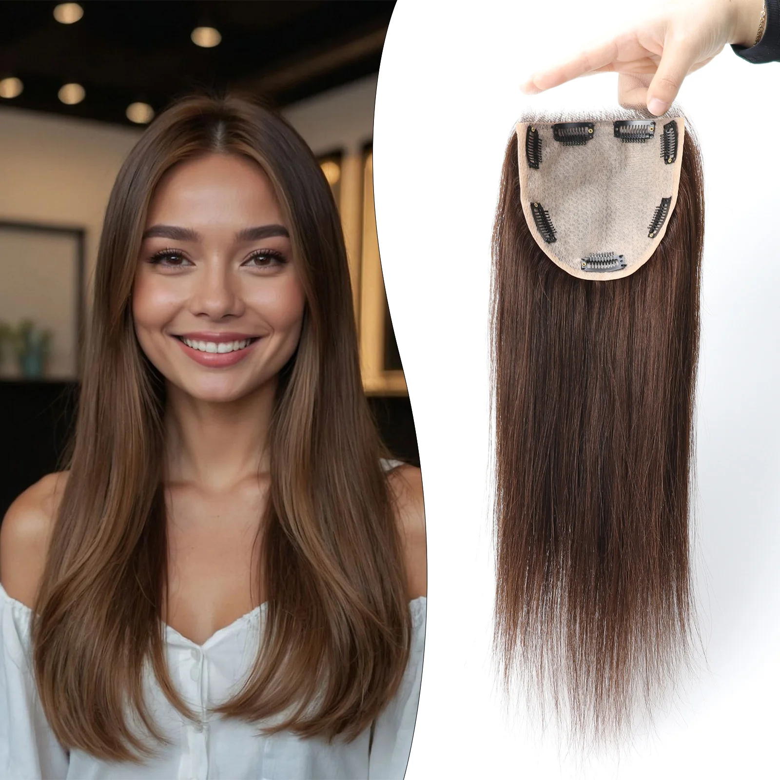 

5x5 дюймов Топпер из человеческих волос Шелковый топ Средне-коричневый Прямые волосы Remy Шелковая основа Невидимые кружевные передние зажимы с детскими волосами