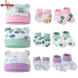 New Newborn Baby Cotton Beanies Hospital Hat Mittens Shoes Sets Solid Candy Color Stretchy Infant Warm Cap Gloves 0-1 Years Old