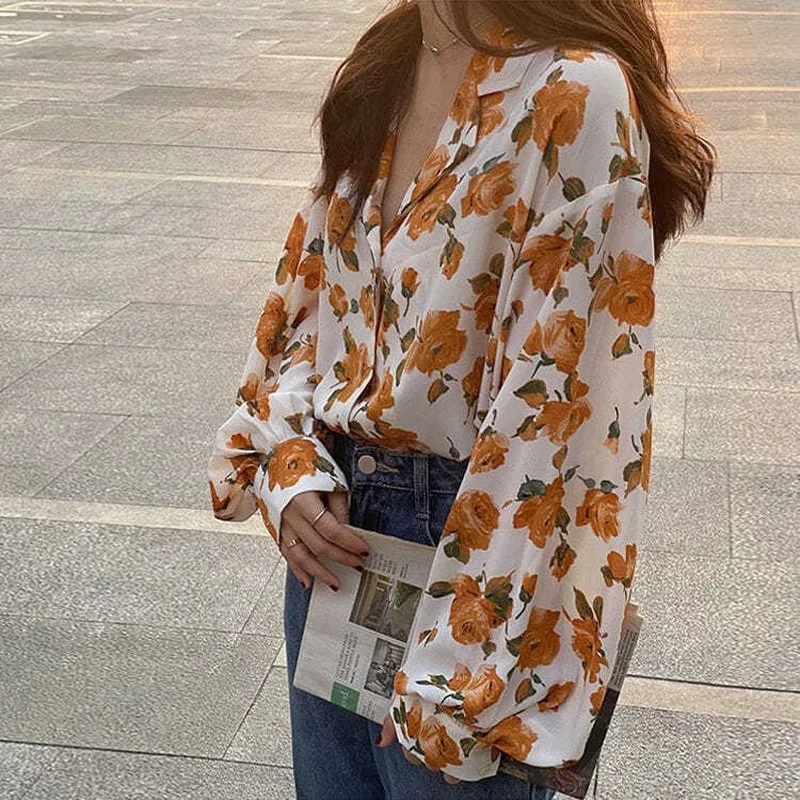 Shirts Women V-neck Chiffon Yellow Rose 3XL Romance Sexy Ins Korean Stylish Summer Holiday Female Blouses Fashion Soft Hot Sale