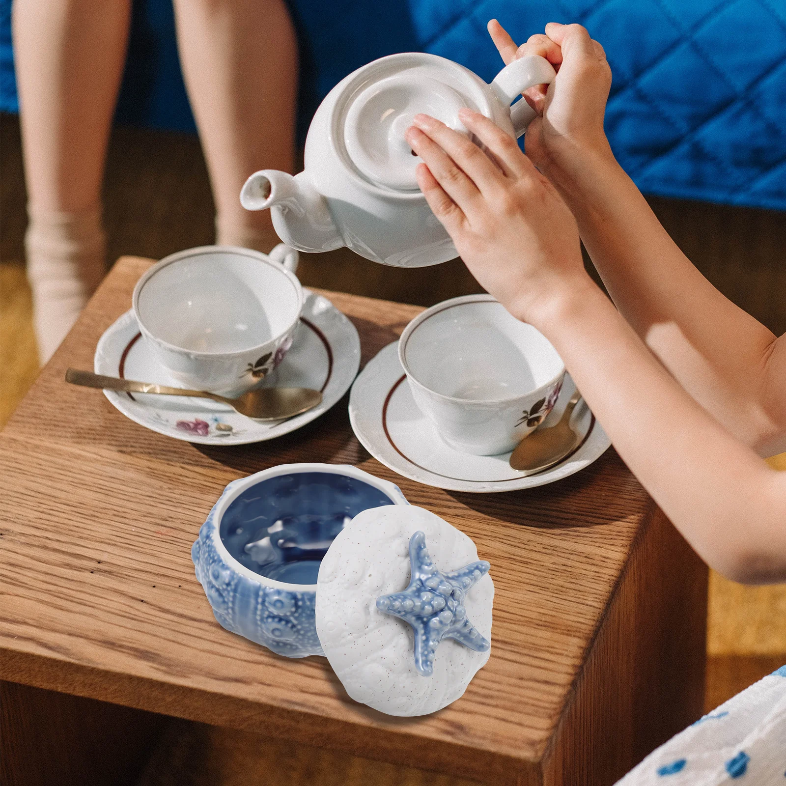 1Pcs Ceramic Storage Jar Blue Ocean Style Steaming Bowl Durable Multi-Function Container for Kitchen Camping Ceramic Stew Pot