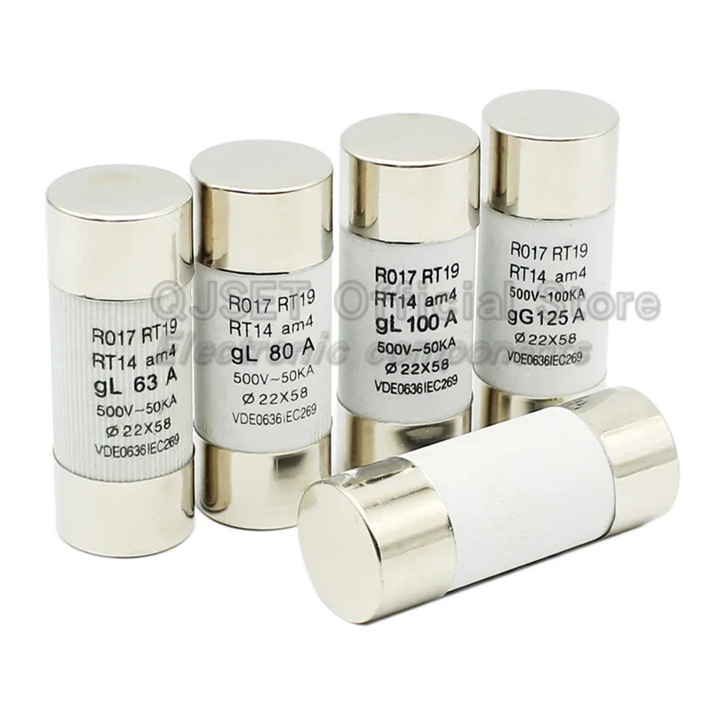 5 stks QJSET RO17 Keramische Zekering Buis R017 Quick Disconnect PV Solar Zekering 22X58mm 500 V 63A 80A 100A 125A RT14 RT19 RT18-125 22*58mm