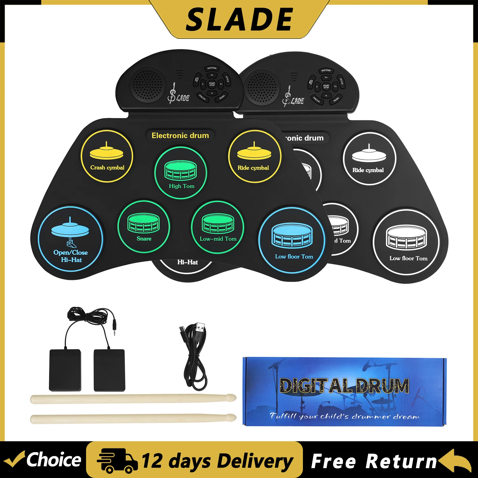slade-sd-7-electronic-drum-set-hand-roll-drum-percussion-instrument-7-pads-usb-battery-powered-with-drumsticks-foot-pedals