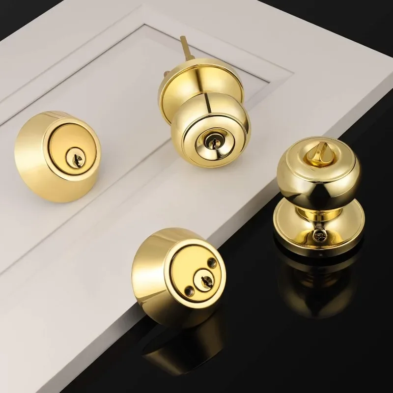 5 Pack Classic Polished Brass Entrance Round Knob Handle, Entry Door Knob with Matching Double Cylinder Deadbolt