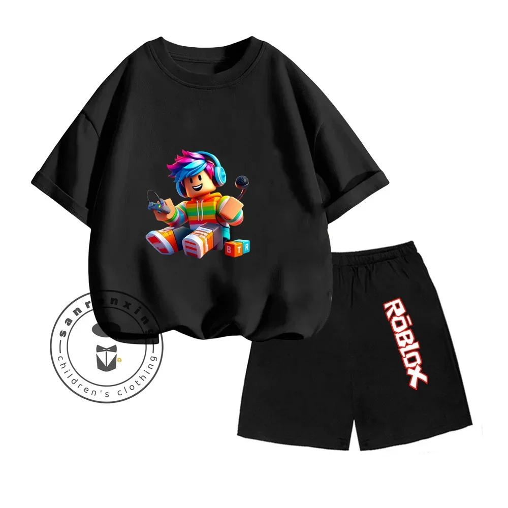 Kids 3-13 Years Old Summer Cute Roblox Games Cartoon Print Design O-neck American Short Sleeve +Fashion Letter Shorts Set