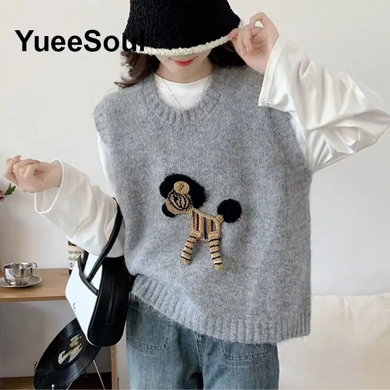 Women's Vests Grey Argyle Printed Pullover Sleeveless Knit Sweater Vest  2025 New Y2K High Street Casual Knitwear Waistcoat