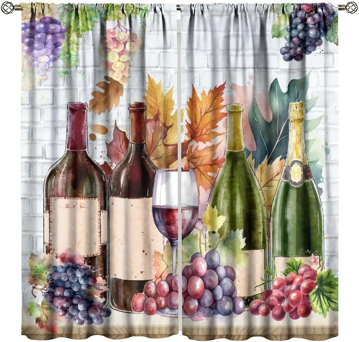 Watercolor Wine Bottle Grape Maple Leaf Window Curtain White Brick Wall Wine Glass Light Filter Privacy Drape For Kitchen Living
