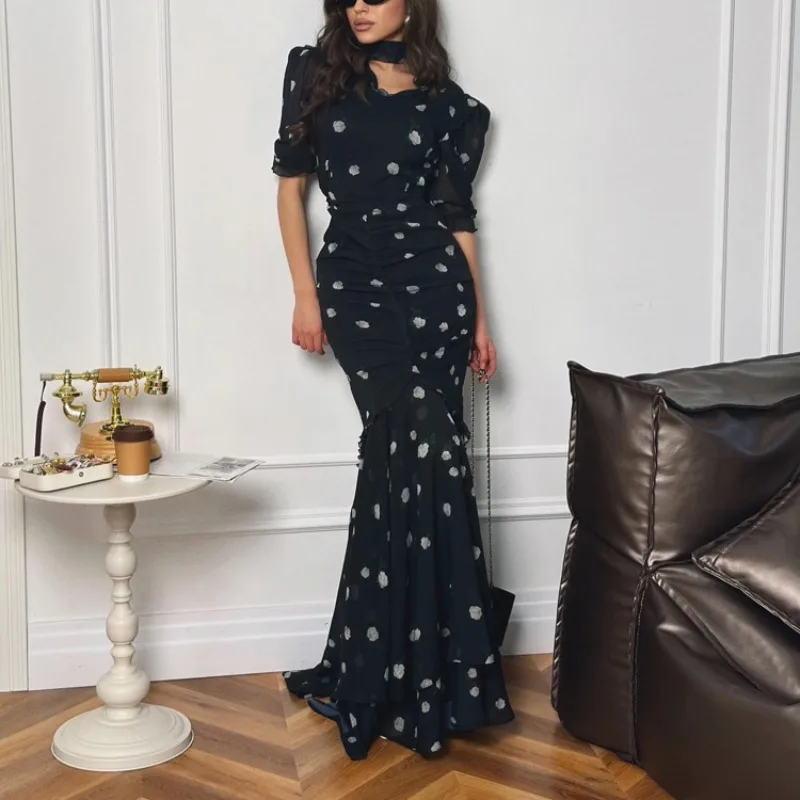 Elegantes Maxikleid für Damen mit Blumenmuster, V-Ausschnitt, Puffärmeln, geraffter hoher Taille, Meerjungfrauenkleid, modisches langes Kleid für Hochzeitsgäste