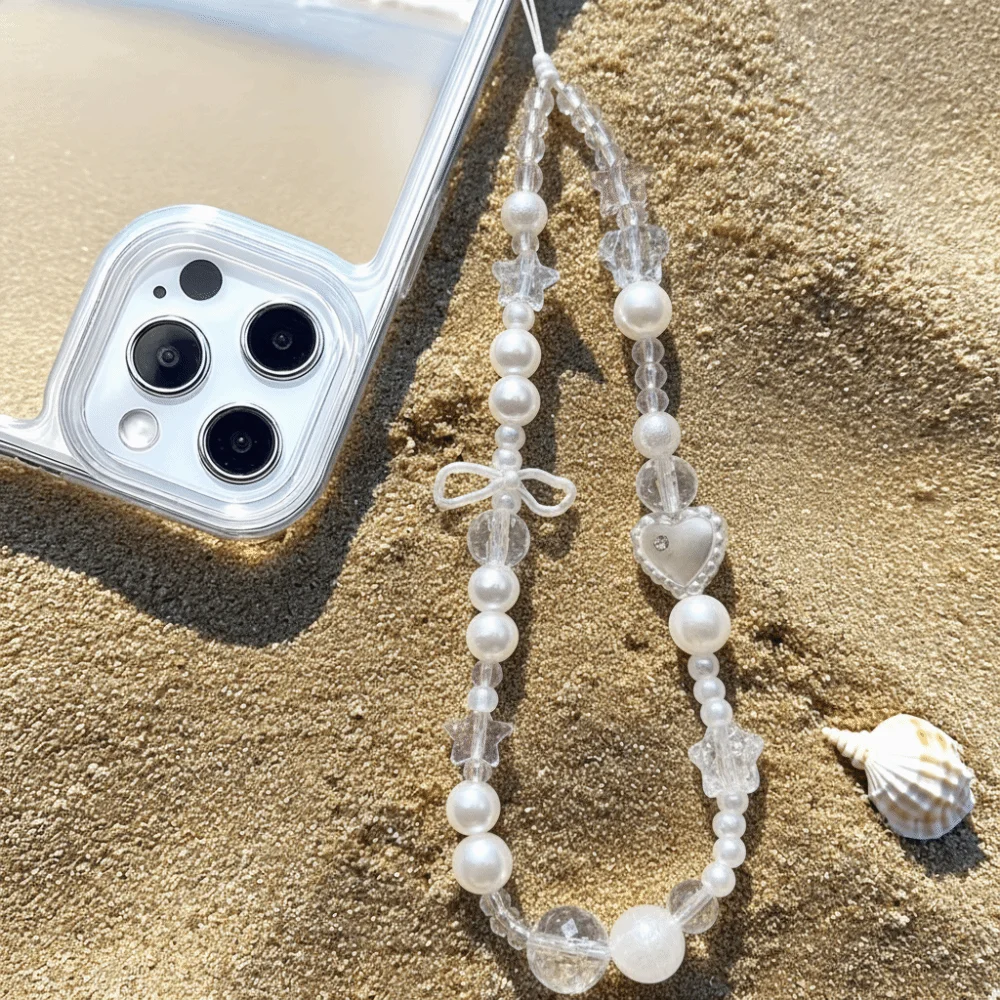 

Модный ремешок для телефона: милый, роскошный, с бусинами, белый, с жемчугом в виде звезды, подвеска-цепочка, аксессуар для телефона