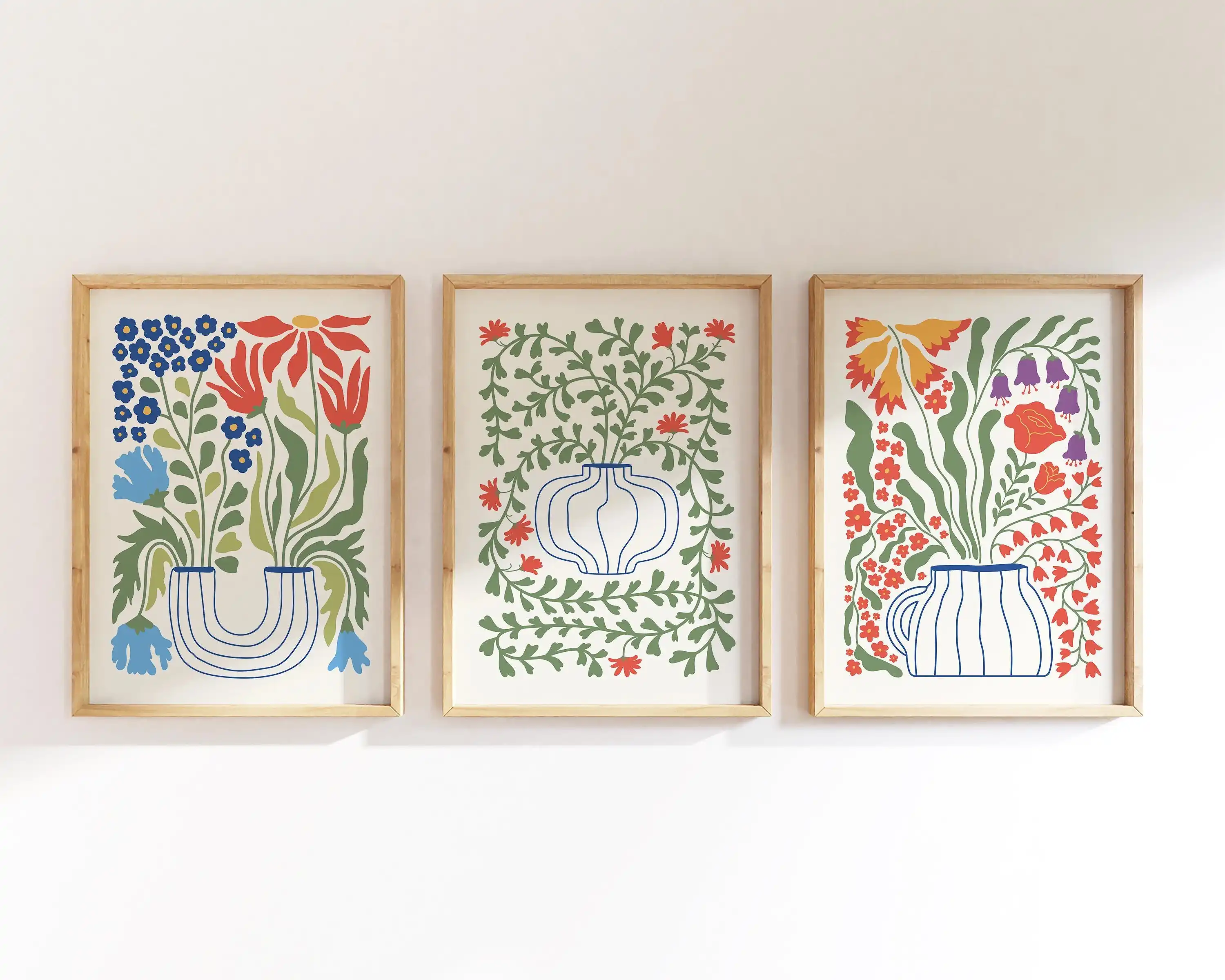 3PCS frameless decorative art print,3pcs Bohemian Floral Vase Canvas Wall Art–Vibrant Folk Style Flower Printing for Bright H