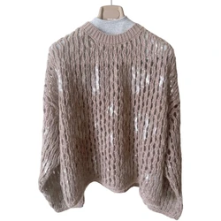 25 Women's Sweater Vintage Winter Wrapping Warm Knit Thick Pullovers 10% Cashmere 90% Wool Handmade Customization SequinsA25363