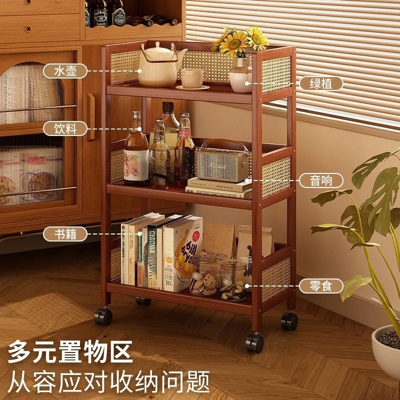 trolley rack multi-layer storage rack living room floor removable wheeled snacks household simple bamboo and wood rack
