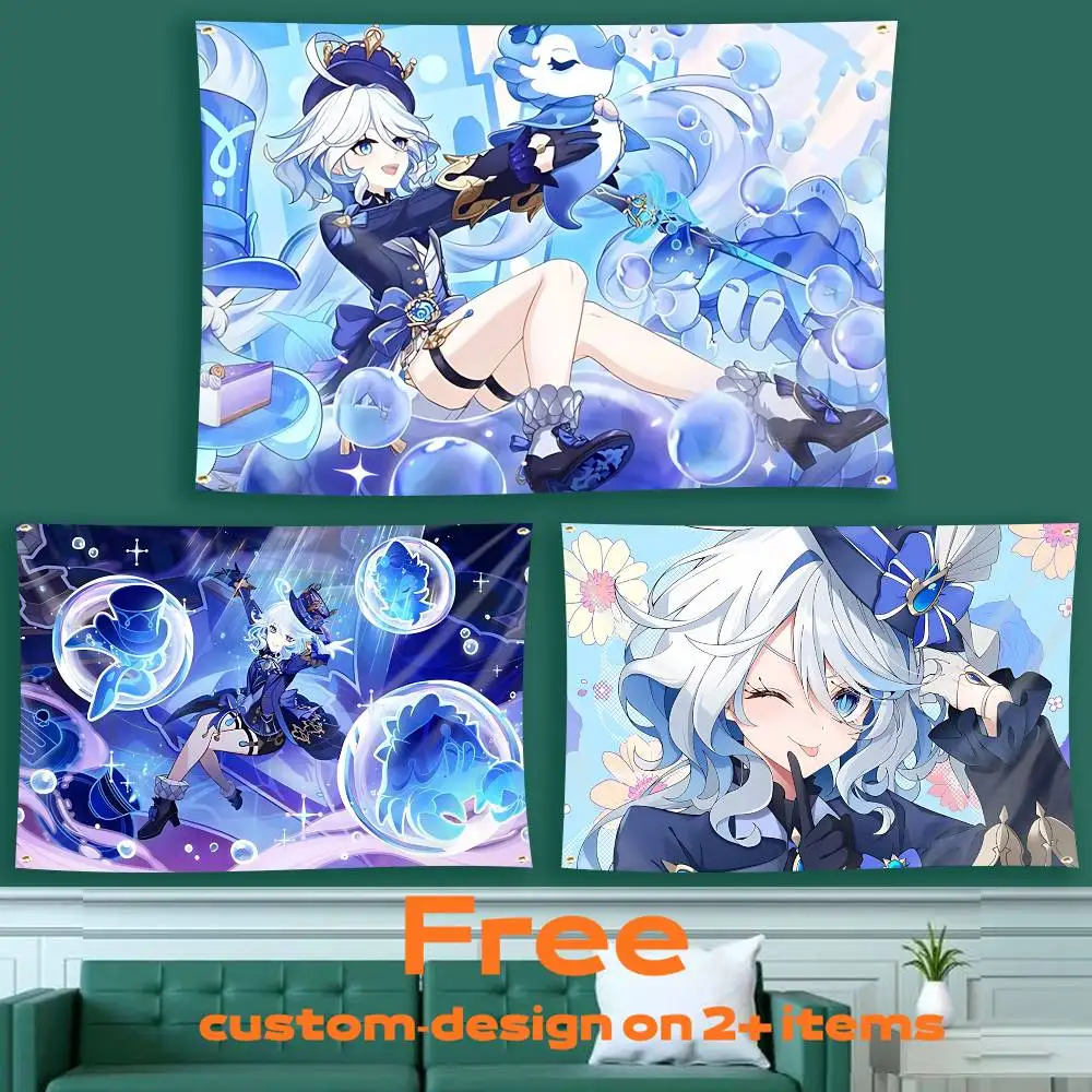Hydro Archon Furina Game G-Genshin Flag Tapestry Banner for Bedroom Living Room Outdoor Camping Custom Supported