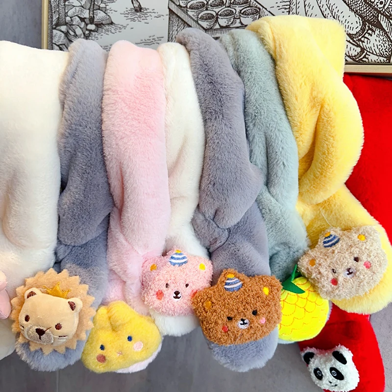 Cute Cartoon Baby Scarf Children Winter Warm Plush Neckerchiefs Animals Doll Kids Cross Neck Covers Boy Girl Fur Collar 75x10cm