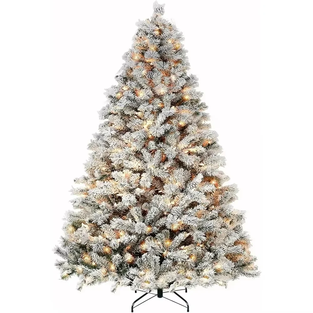 7.5 Ft Snow Flocked Christmas Tree with Pine Cones, Christmas Tree Wih 450 Warm White Lights, Metal Stand and Hinged Branches