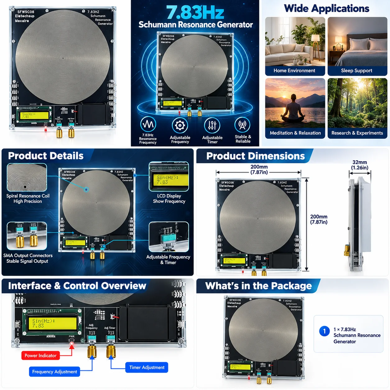 High Power 25CM 8CH Resonance Generator with Pure Sine FM Signal Audio - Schumann Resonances 7.83Hz