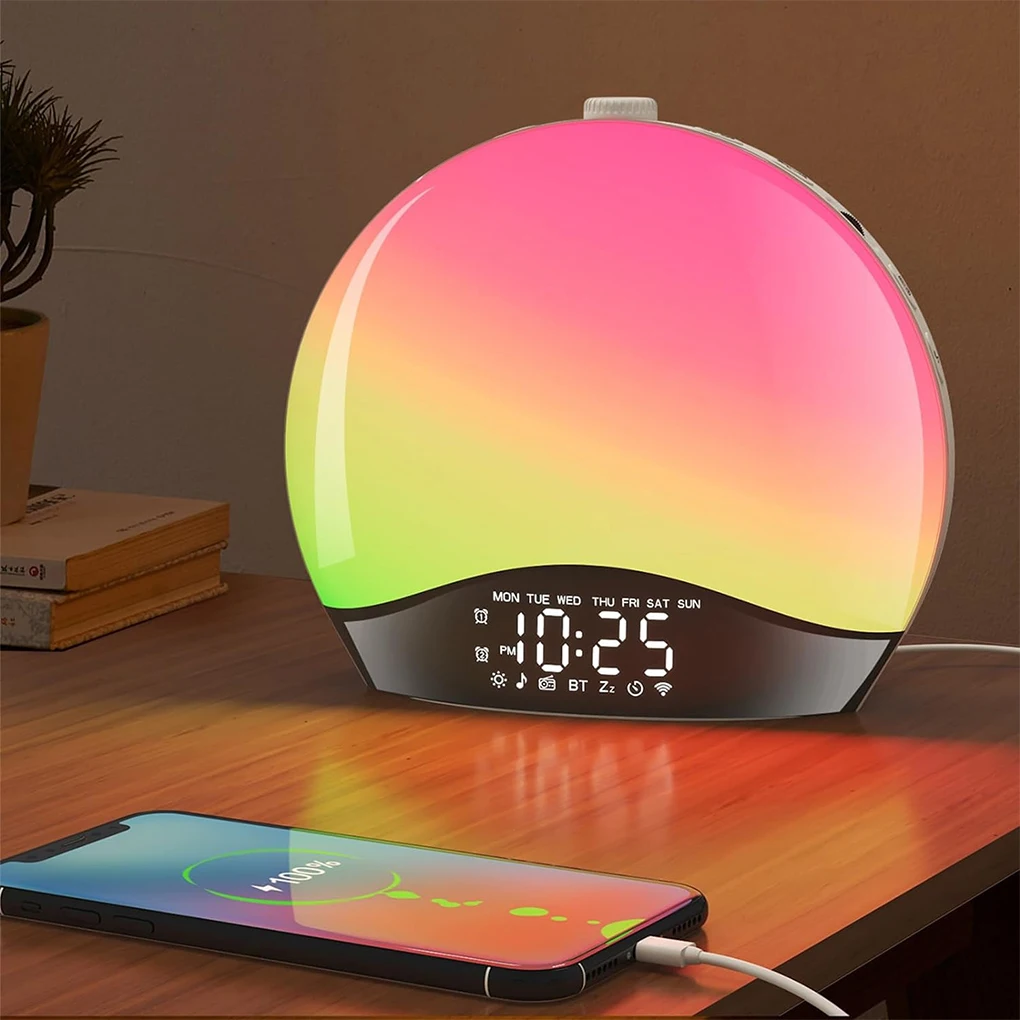 Sunlight Alarm Clock with Sunrise Simulation Adjustable Brightness Wake up Light Bluetooth-compatible Speaker Clock for Bedroom