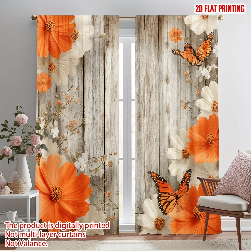 Boho Rustic Wood Grain Floral Popcorn Butterfly Curtains 2D Printing Window Drapes for Living Room Bedroom Home Decoration Panel
