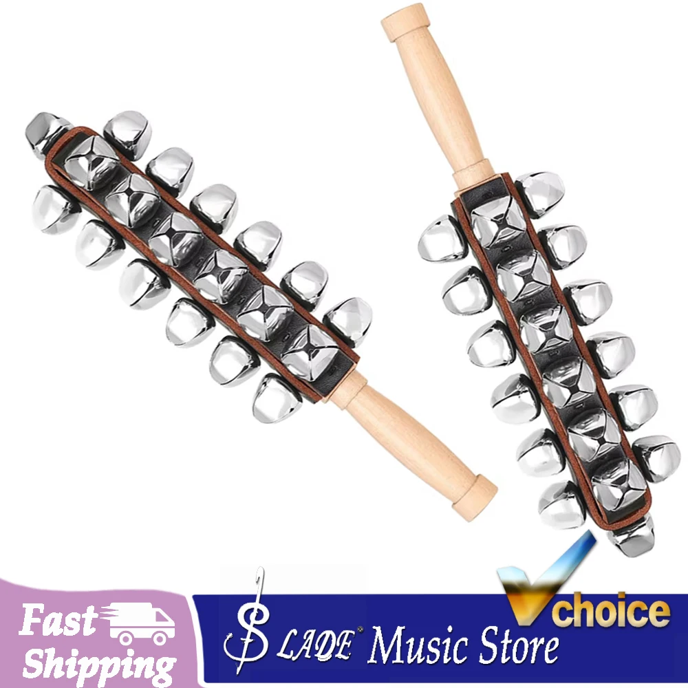 25 Bell Jingle Stick Sleigh Bells Wood Handle Percussion Instrument Hand Bell Shaker Rattle for Music Education Enlightenment