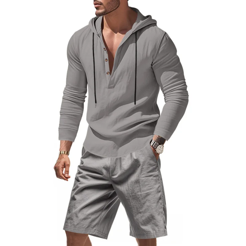 

Men's Linen 2 Piece Outfit Hooded Long Sleeve Henley Top Drawstring Shorts Set