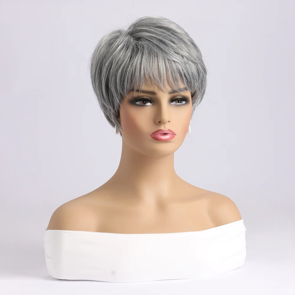 Synthetic Short Straight Wig for Women Wigs With Bangs Silver Grey Wig Daily Use Heat Resistant Fiber