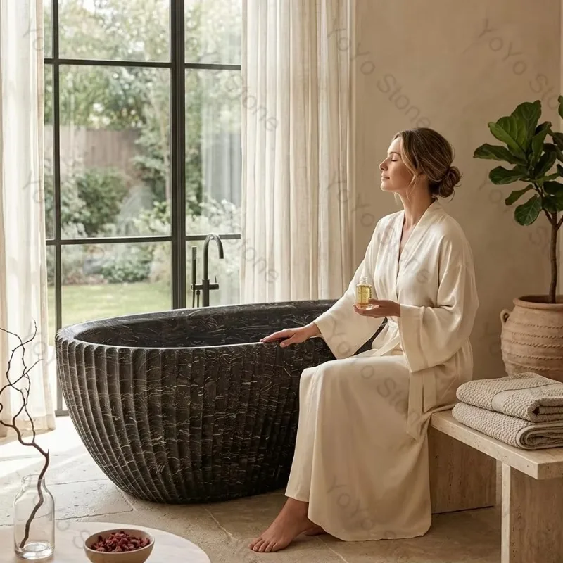 Modern Round Black Marble Bathtub Hand Carved Fluted Freestanding Whirlpool Bathtub For Luxury Hotel Bathroom
