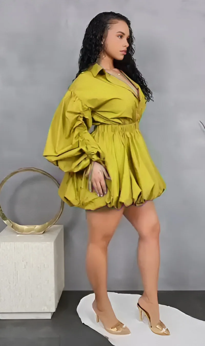 Kexu franzido empilhado manga longa turn-down colarinho blusa blusa vestido de baile 2025 feminino férias rua vestidos