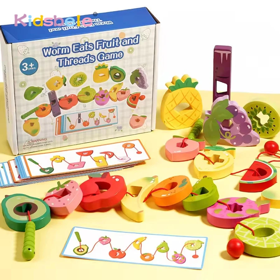 Holzwurm isst Obst Einfädeln Schnürspielzeug Farbform Kognitives sensorisches Spielzeug Geschenk Kleinkind Feinmotorik-Training Montessori-Spielzeug