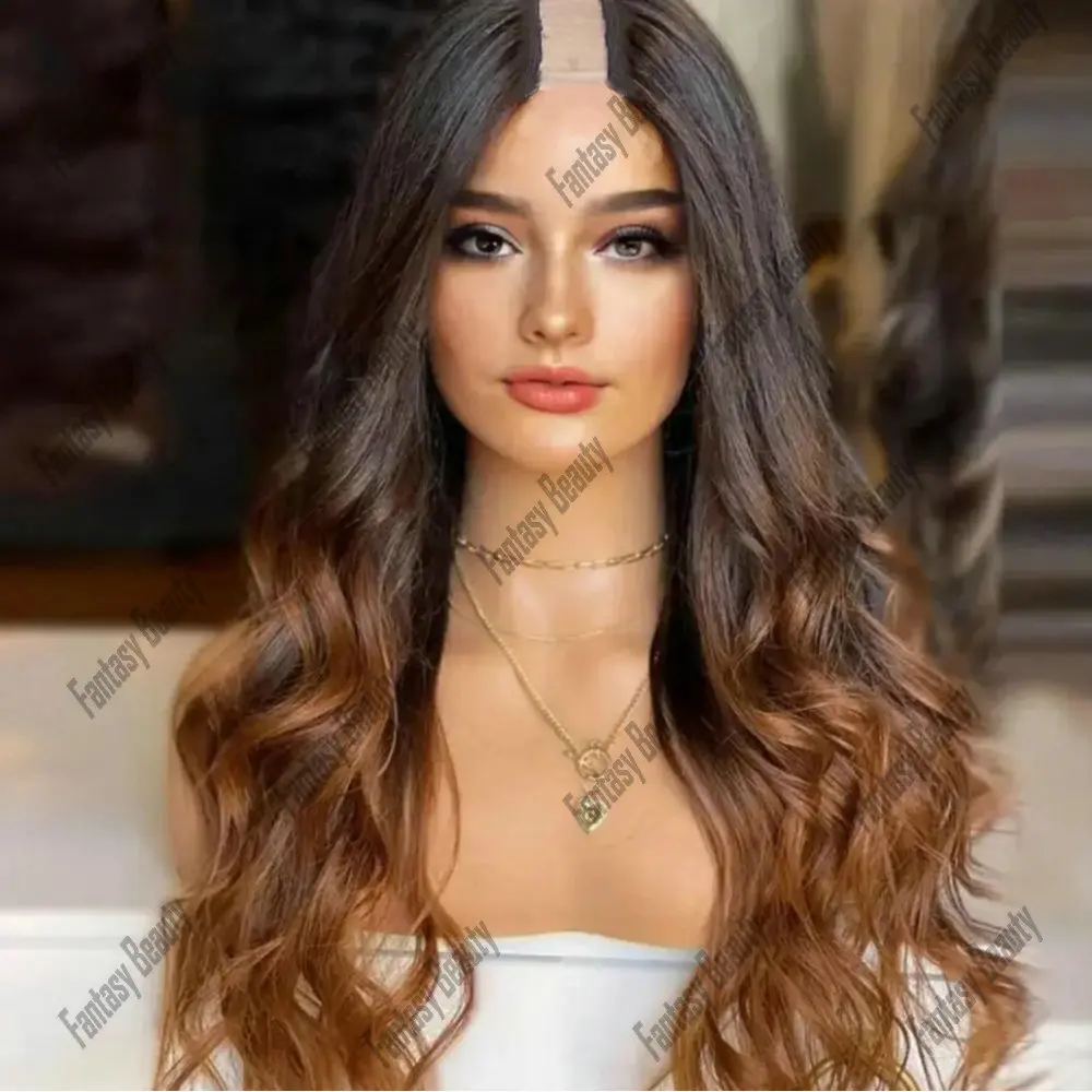 Dark Roots Ombre Brown Body Wavy V Part Wig Human Hair Glueless No Leave Out 1x4 Size U Part Wigs Full Head Clips for Women Wear