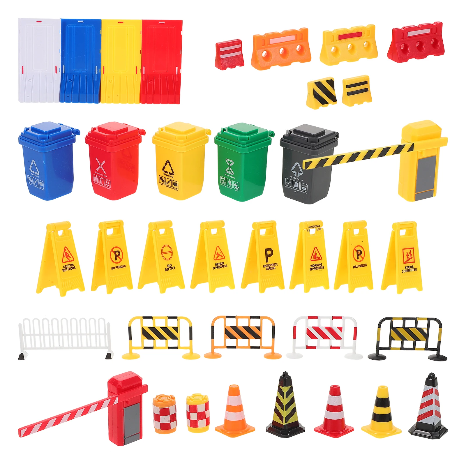 

40pcs Road Playset Plastic Street Signs Mini Traffic Cones Garbage Cans Yellow Warning Signs Educational Set For Kids