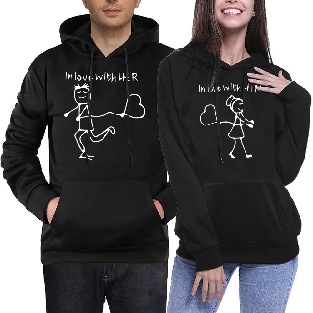 Couple Hoodie in Love with Him or Her Line Love Heart Human Hoodie for Men Women Autumn Winter Casual Oversize Couple Love Hoody