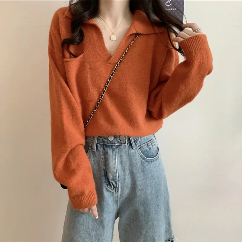 Maglione con scollo a V a maniche lunghe Stile morbido Top lavorato a maglia Dimagrante Retro Moda pigra Casual Autunno Vendita calda della stagione Allentato da donna
