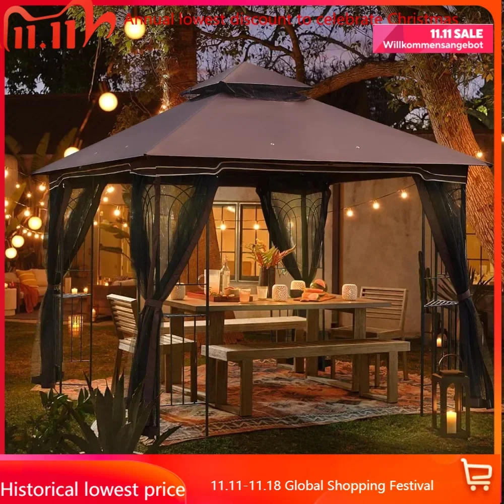 Outdoor Gazebo 10x10 for Patios, Double Waterproof Soft-top Canopy, Garden Tent with Netting for Party, Backyard