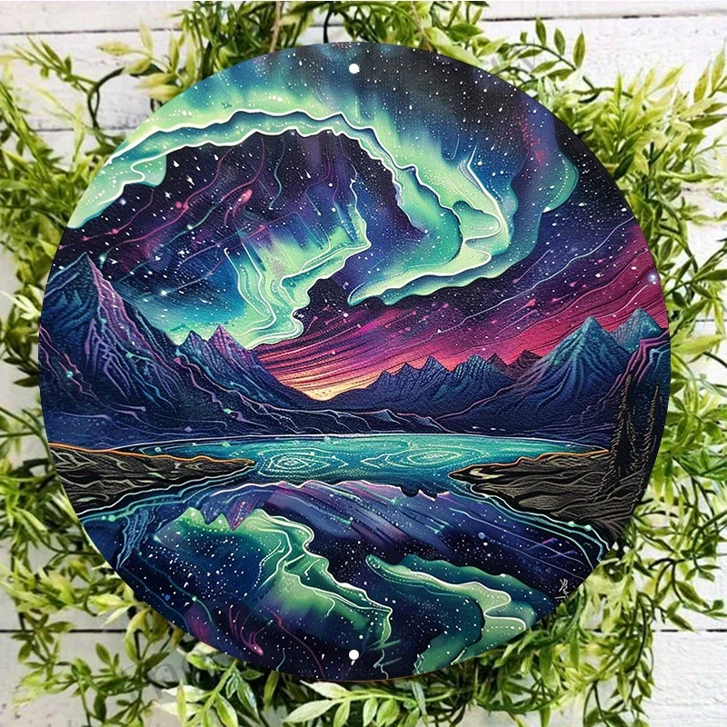 Round Aluminum Metal Sign with Northern Lights, Waterproof, Weather Resistant, Wall Decor for Indoor and Outdoor