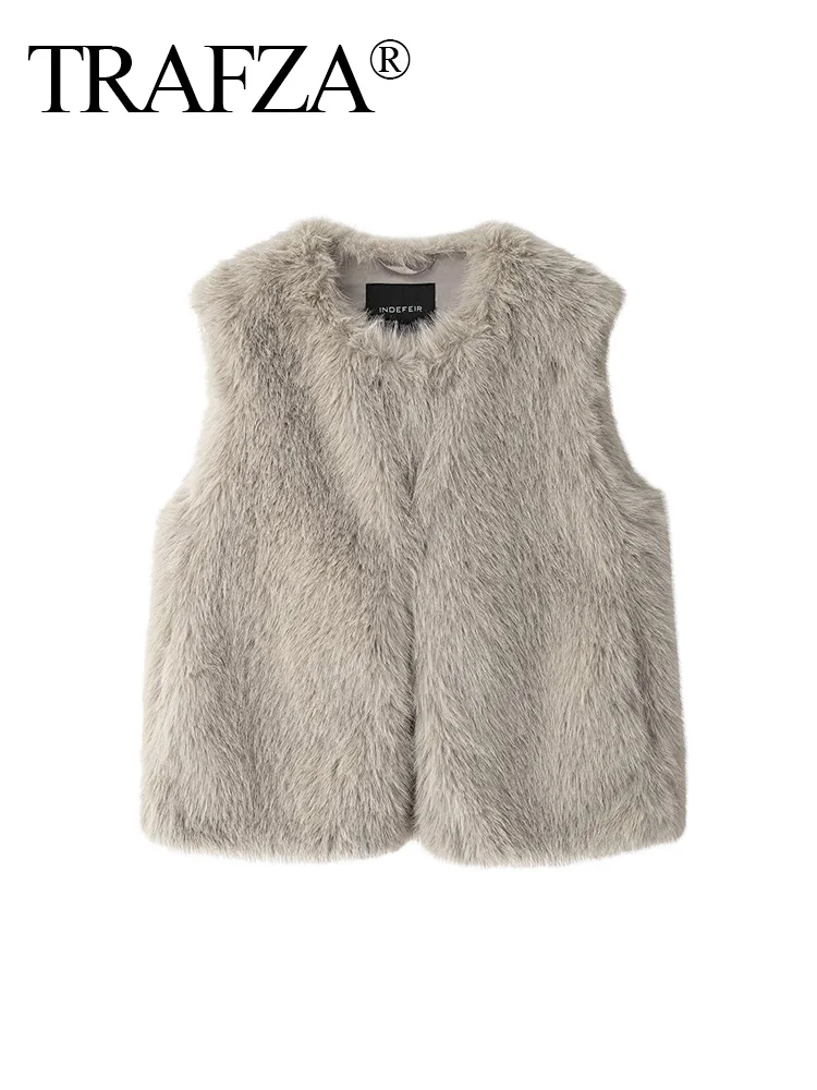 TRAFZA Winter Women Faux Fur Solid Vest Jacket Elegant Fuzzy Sleeveless O-neck Open Front Warm Coat Female Fashion Outerwear