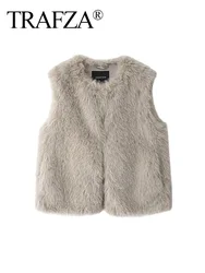 TRAFZA Winter Women Faux Fur Solid Vest Jacket Elegant Fuzzy Sleeveless O-neck Open Front Warm Coat Female Fashion Outerwear