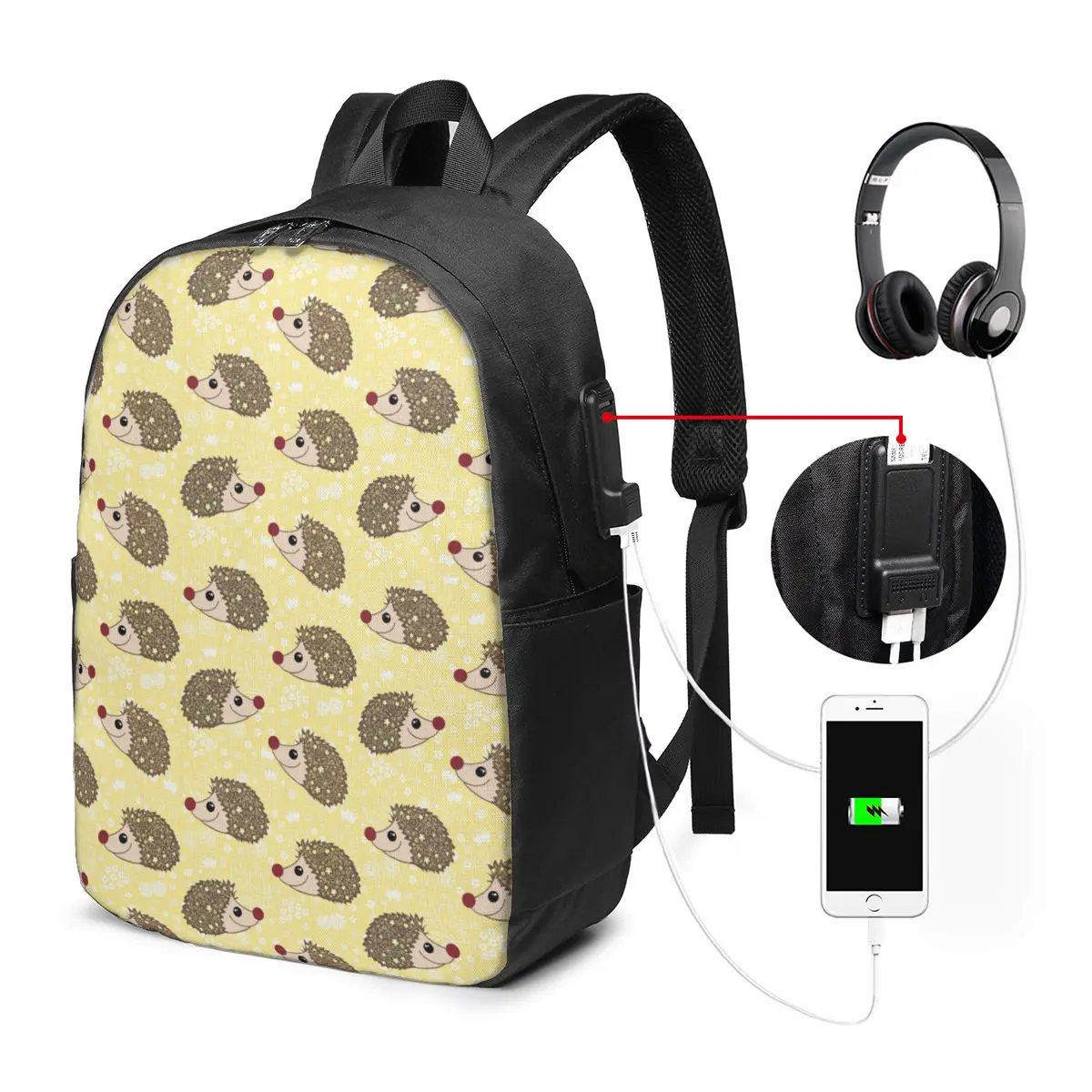 Cute Hedgehog And Floral Pattern Backpack Travel Notebook Bag Computer College Student School Bag Laptop Shoulder Bags Men Women