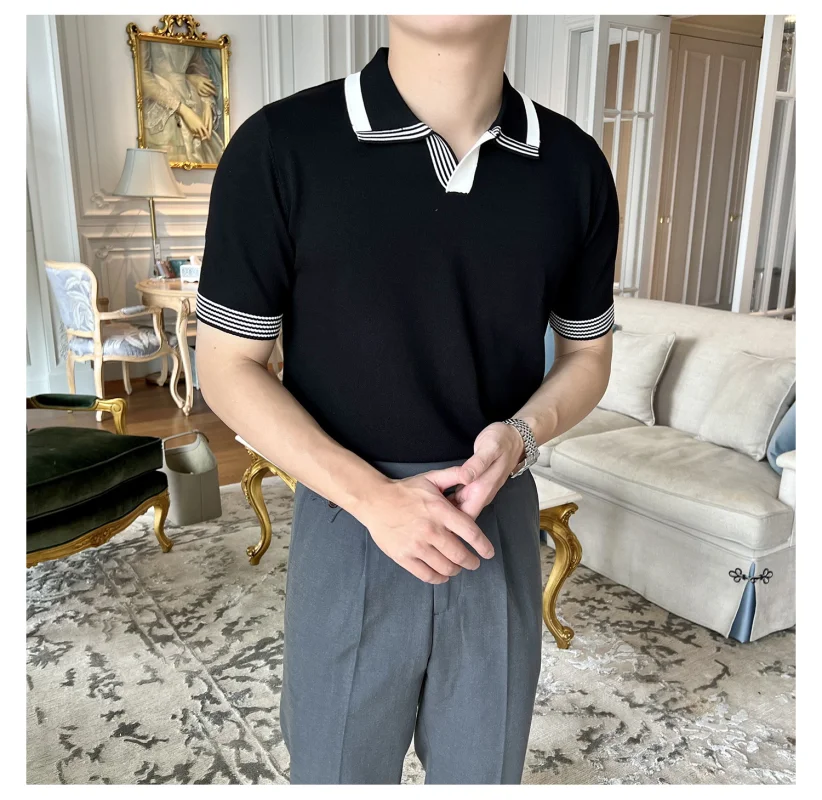 New Trend Summer Men's Solid Color Simple Short-sleeved T-shirt British Slim Lapel Knitted Striped Casual V-neck Polo Shirt