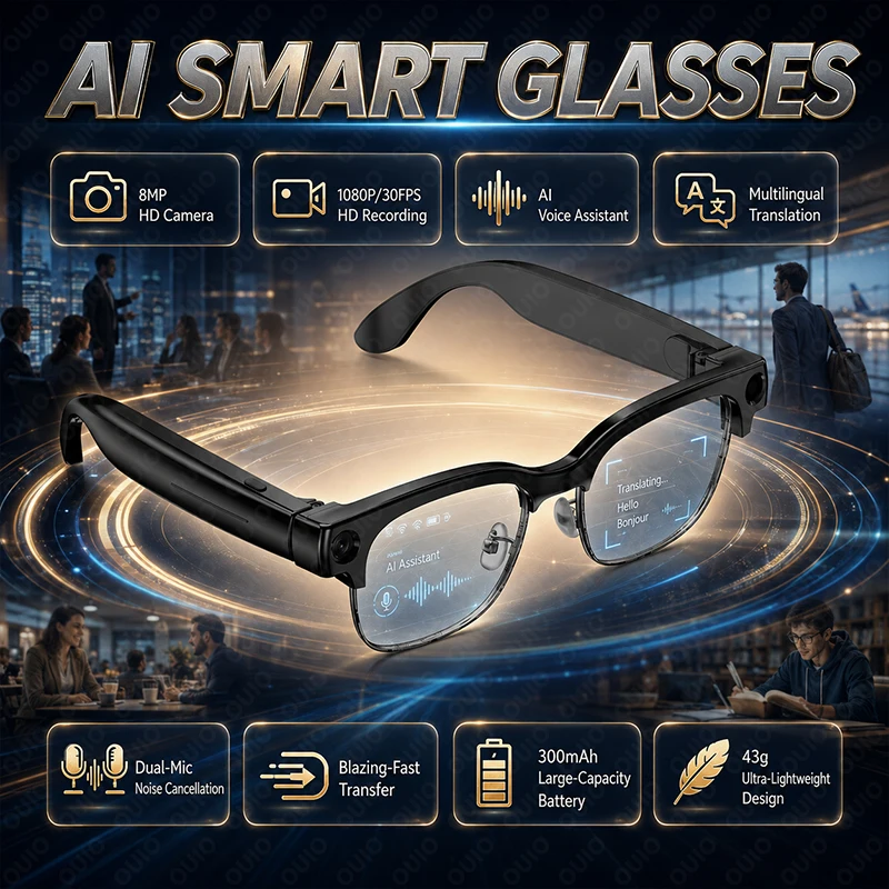 AI Voice Assistant Smart Glasses 8MP HD Camera 1080P/30FPS HD Recording AI Translation 43g Ultra-Lightweight Design Sunglasses
