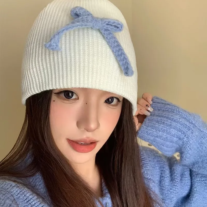 

Bowknot Knitted Beanies Hats For Women&Men Autumn Winter Windproof Ear Protection Caps Outdoor Travel Headband Cold Hats Gorros