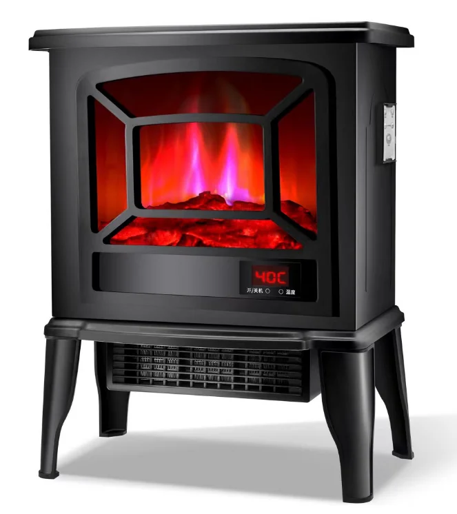 

Black Freestanding Electric Fireplace with Rocker Flame Heating for Hotels in English Operating Language