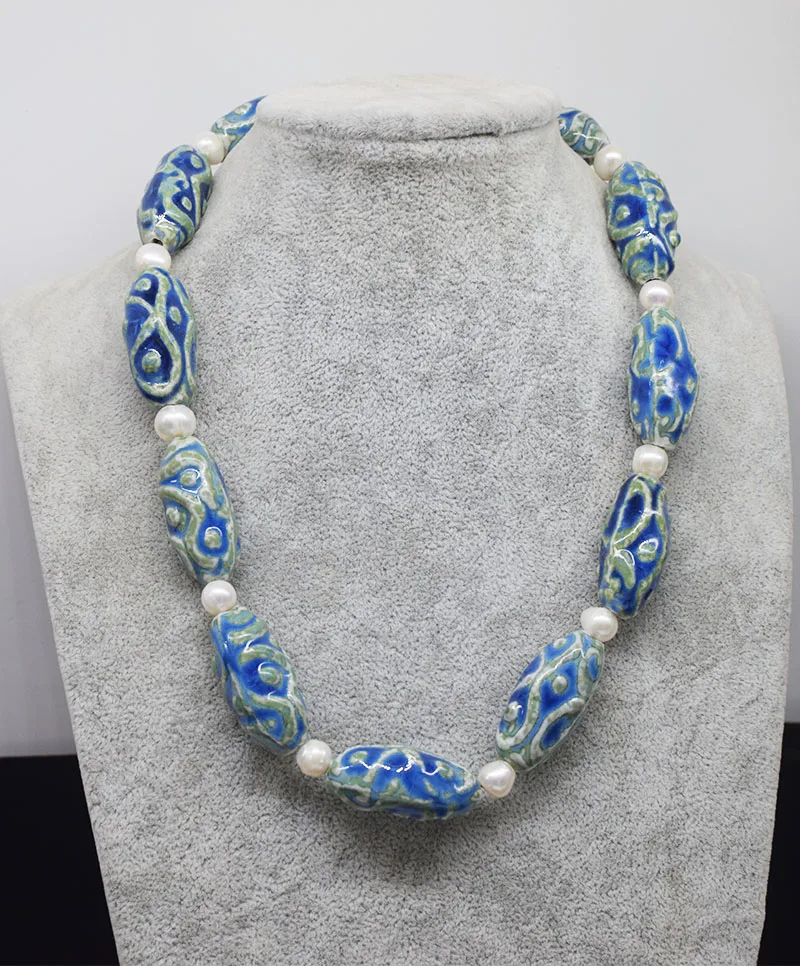 

white pearl round shap blue ceramics wholesale beads nature FPPJ 48cm