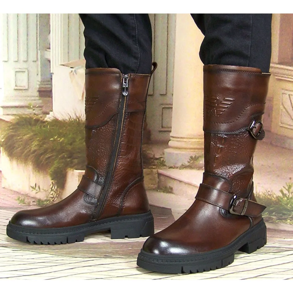 Fashion Men's Genuine Leather Equestrian Boots Guard of Honor Horse Riding Boots Mid-calf Zipper Brown Outdoor Motorcycle Shoes