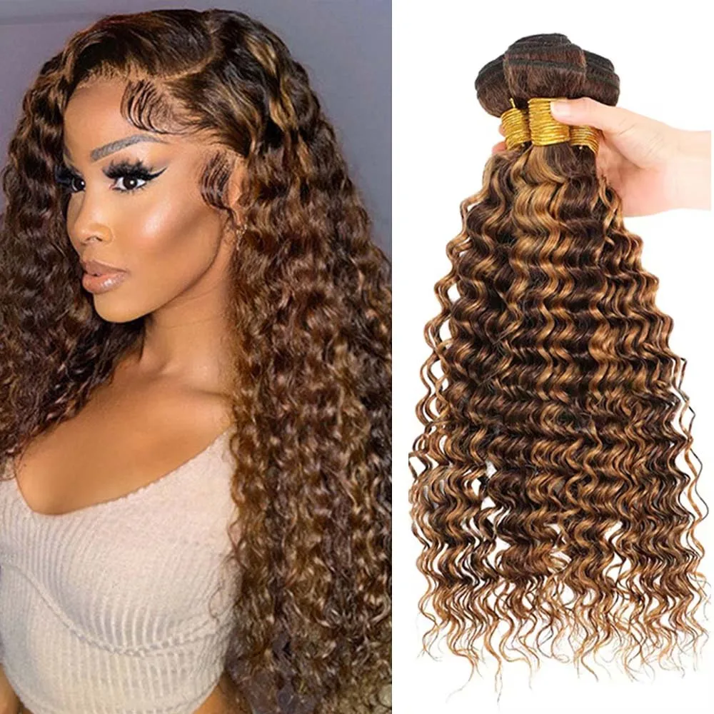 

P4/27 Выделенные пучки человеческих волос с глубокими волнами, 3 комплекта предложений, натуральные волосы, медово-коричневые вьющиеся волосы, наращивание волос для хвостиков