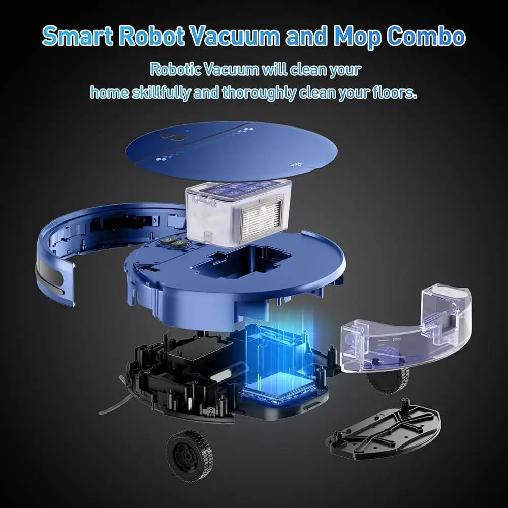 로봇 진공 및 걸레 콤보 Wi-Fi 스마트 로봇 청소기 2-in-1 초슬림 저소음 자체 충전 직관적인 앱 제어 애완동물 친화적
