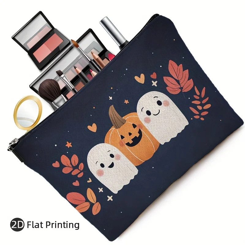 Urocza kosmetyczka z motywem ducha i dyni - wielofunkcyjna saszetka na zamek błyskawiczny, etui na biżuterię, idealna mała kosmetyczka podróżna na zamek błyskawiczny.