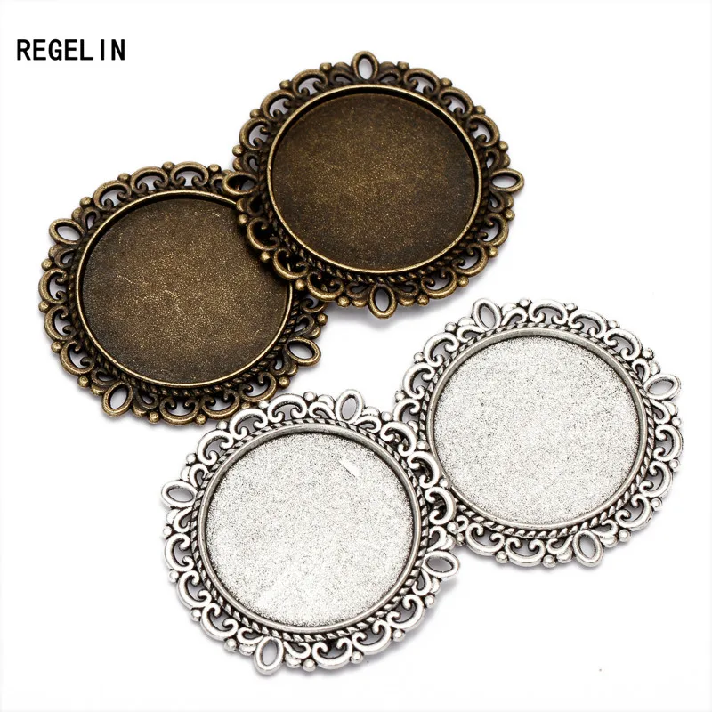 REGELIN New 10pcs/lot Inner size 25mm Antique Bronze Double Lace base Pendant Setting Fit Cabochon Tray DIY Jewelry Findings