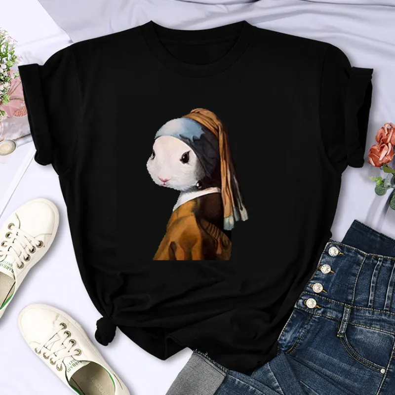 Estilo paródia vestindo pérola coelho pintura mundialmente famosa impressa camiseta moda feminina tshirt conforto casual camisetas humor topos