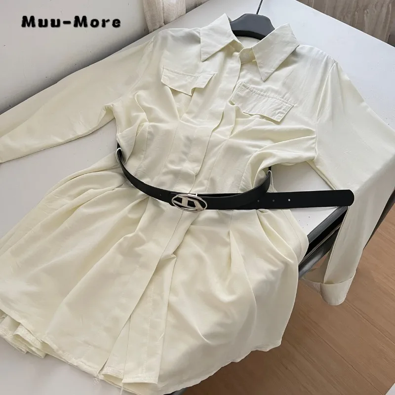 2023 Herfst Vintage Lange Mouwen Turn-Down Kraag Mini-Overhemd Jurken Dames Elegante Klassieke Kantoor Dames Effen Blouse Jurk