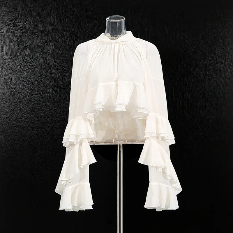 

Элегантные женские блузки свободного кроя с высоким воротом, длинными рукавами, пэчворком, оборками и складками