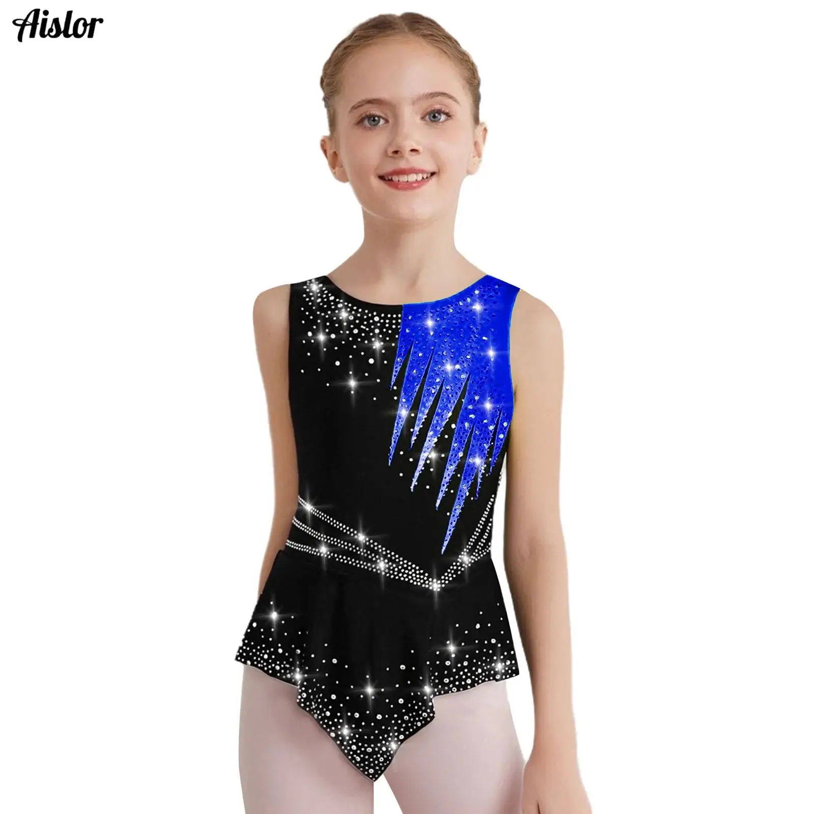 

Kids Girls Rhythmic Gymnastics Leotard Shiny Rhinestones Contrast Color Sleeveless Bodysuit for Competition Performance Costume
